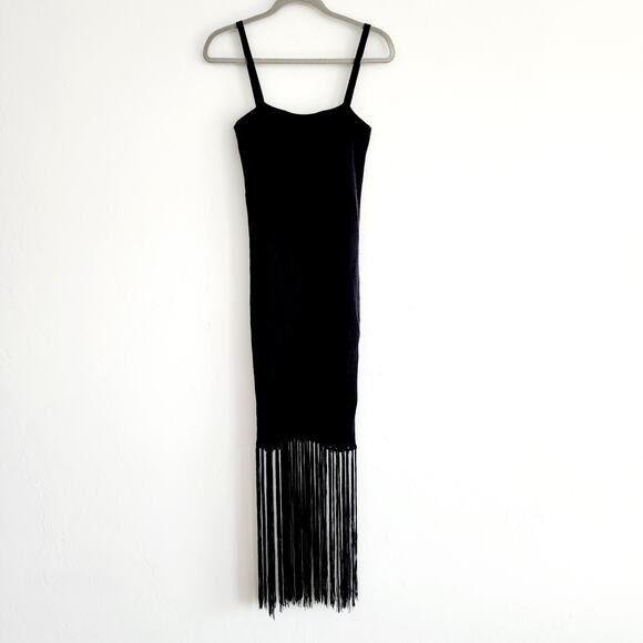 Zara Black Spaghetti Strap Ribbed Fringe Hem Midi / Maxi Dress Size Large - Picture 2 of 5